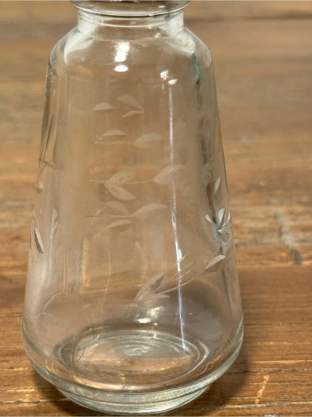 Vintage Etched Glass Salt & Pepper Shakers with Silver Tops